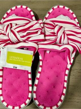 Pink Striped Bow Slide Slippers with Plush Footbed